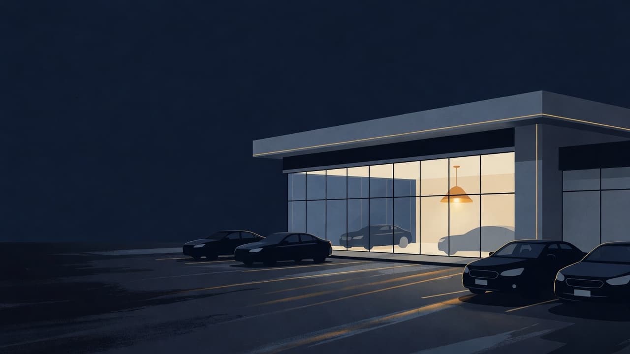 Fachada de loja de seminovos à noite, showroom iluminado em âmbar e carros no pátio