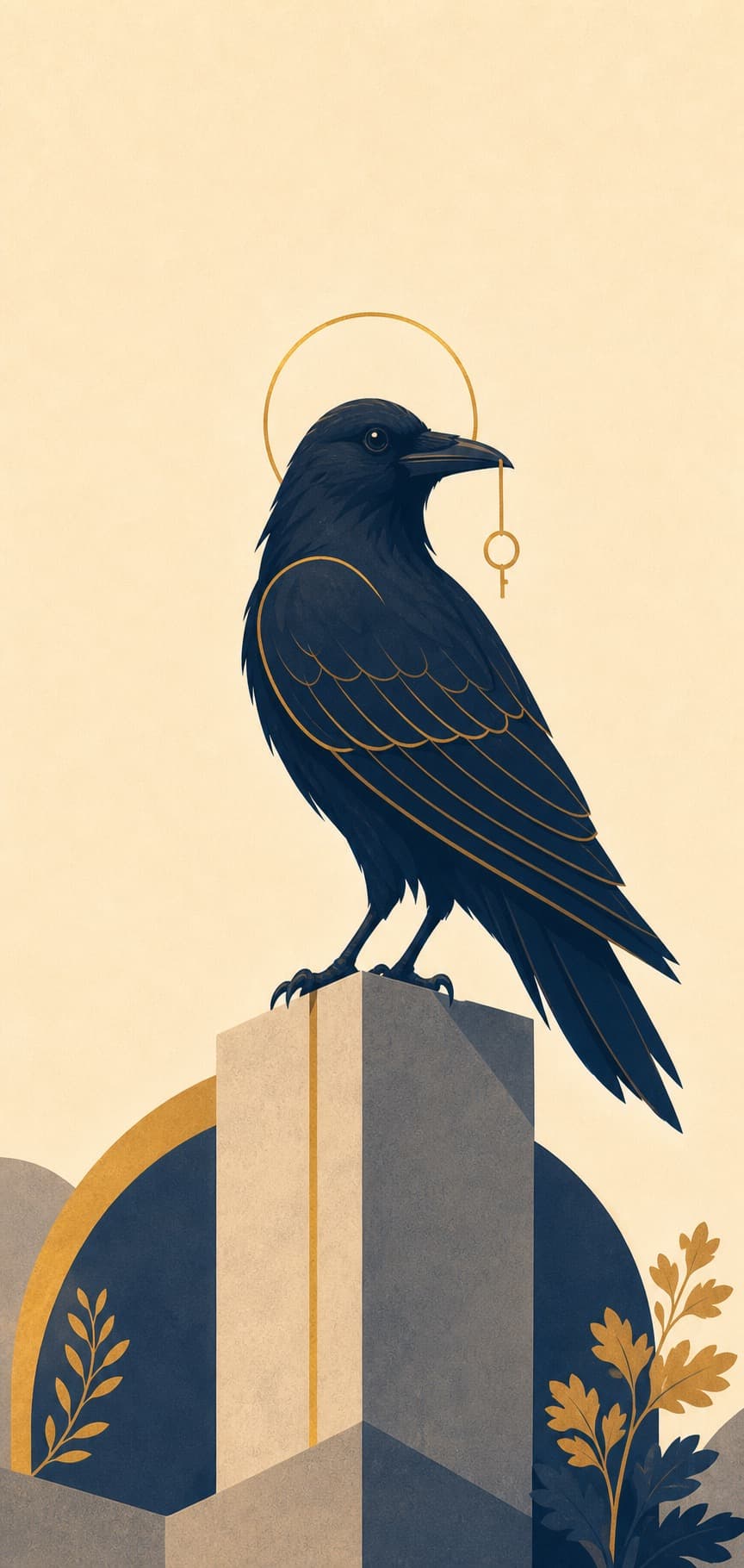 Corvo com halo dourado, representando a memória da loja
